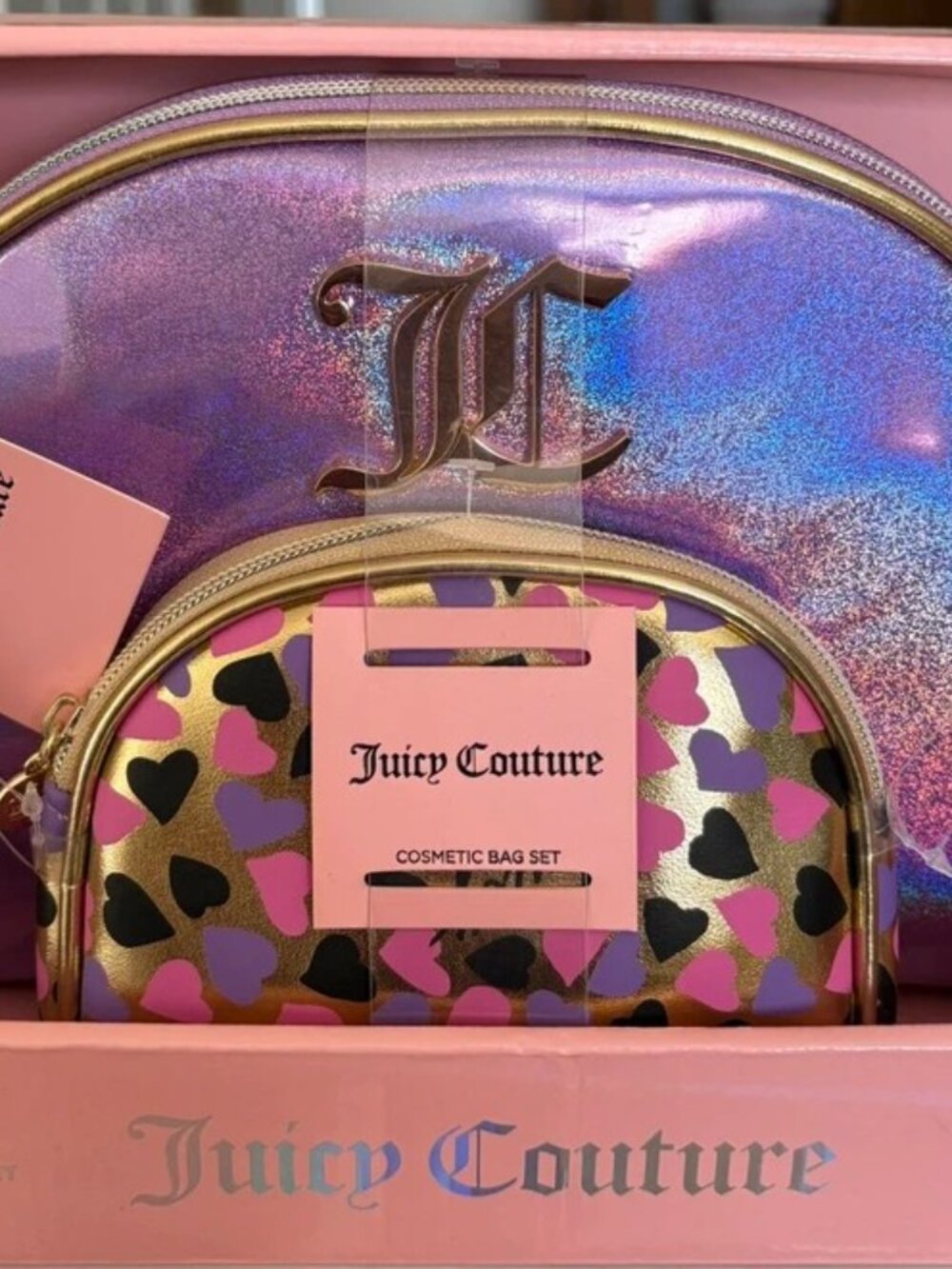 Juicy Couture Holographic Purple & Gold Heart Cosmetic Bag Set